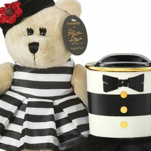 STARBUCKS ALICE & OLIVIA Ltd Ed Coffee BEARISTA PLUSH BEAR LID w TUTU  Travel MUG